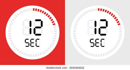 12 seconds counting timer icon. Digital timer symbol