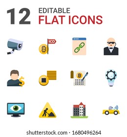 12 security flat icons set isolated on white background. Icons set with security camera, Initial Coin Offering, Web Link, Account, Tokens, Computer Vision, construction works icons.