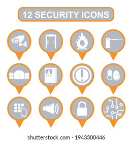 12 security icons. Video surveillance, metal detector, fire alarm, barrier, fence, intercom, signaling, electric keys, security password, warning sign, lock, motherboard.