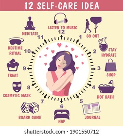 12 self-care ideas. Self care concept infographics. Vector flat illustration, banner. Woman self care concept. Body health improvement tips idea. Self care checklist.