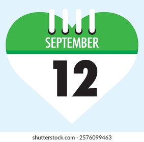 12 September calendar icon green heart shape on light sky blue color background, calendar vector symbol for the month of September.