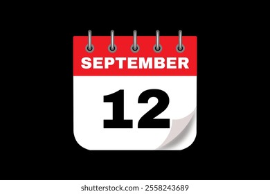 12 September calendar icon text page monthly web design on red, white and black background vector, icon, or illustration with the month of September 12