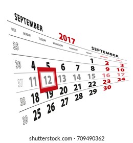 12 September highlighted on calendar 2017. Week starts from Monday. Vector Illustration.