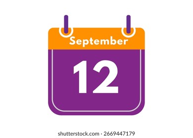 12 September month single day vector, illustration, calendar with orange, purple, ash and white color background calendar icon of September 12