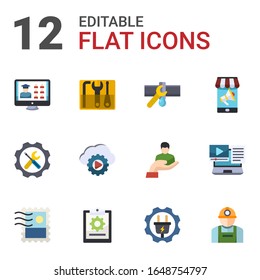 12 iconos planos de servicio establecidos aislados en fondo blanco. Iconos con envío gratuito, kit de reparación, servicio de fontanería, servicio de reparación, iconos de marketing de Streaming Mobile.