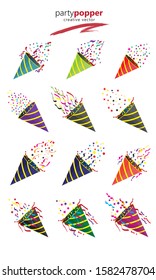 12 Set Confetti Party Popper icon vector, logo illustration isolated on white background. Suitable for new year, christmas  and birth day party