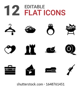 12 Set Filled Icons Set Isolated On White Background. Icons Set With Clothes, Salad, Handmade Jewelry, Love, Strategy Game, BBQ Grill, Toolbox, Video Marketing, Stapler Icons.