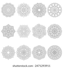 12 Set Flower Creativity Mandala For colouring Book Page Vector File