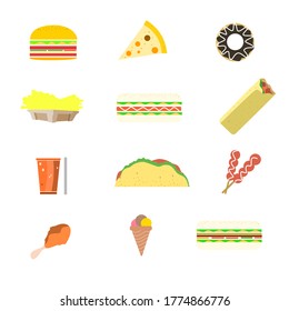 12 set icon fast food flat