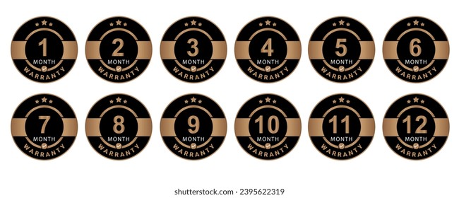 12 set mounth warranty vector art illustration in emas color with fantastic font and white background. Eps10 Vector