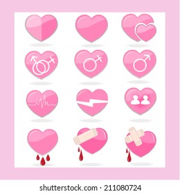 12 set of pink hearts vector icon