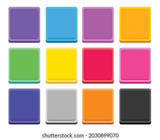 12 Set Of Square Shape Ui Asset Pack.Colorful Square Buttons Set. Vector Assets For Web Or Game Design, App Buttons, Icons Template Isolated On White Background