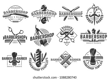 12 set of Vector Barbershop vintage Logo template on isolated white background