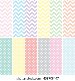 12 set of Vector Pattern Paper For Scrapbook.Chevron and Polka Dot Pattern.Vector illustration