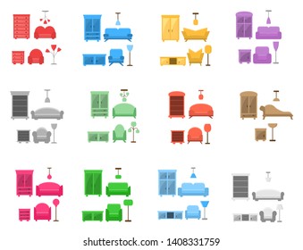 12 sets of furniture - wardrobe, chair, sofa, chandelier, floor lamp and nightstand in different styles. Vector illustration, flat icon. Elements of modern home and office furniture.