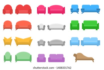 12 sets of sofa and chair in the same style. vector illustration, flat icon. Element of modern home and office furniture. Front view. 