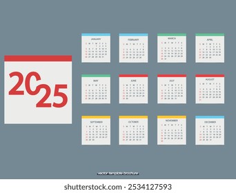 12 folhas do calendário para 2025. Ilustração vetorial