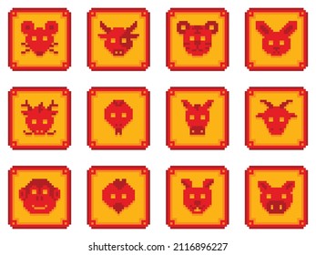 12 shio chinese zodiac sign emblem set pixel art animal head vector illustration
