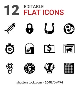 12 sign filled icons set isolated on white background. Icons set with fish bone, heart lock, horseshoe, deadline, paint bucket, breakfast, innovation, casino Chip, champion icons.