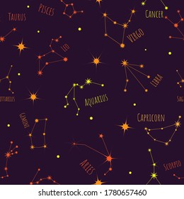 12 signs of the zodiac symbols seamless pattern. Astrological constellations on a dark background. Night sky, universe, galaxy. Texture for packaging, paper and fabric, vector.