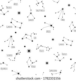 12 signs of the zodiac symbols seamless pattern. Astrological constellations on a light background. Night sky, universe, galaxy. Texture for packaging, paper and fabric, vector.