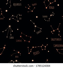 12 signs of the zodiac symbols seamless pattern. Astrological constellations on a dark background. Night sky, universe, galaxy. Texture for packaging, paper and fabric, vector.