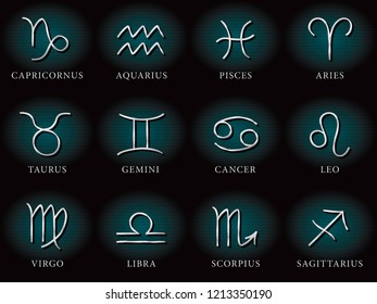 12 Silver Chrome Style Zodiac Signs Capricorn Aquarius Pisces Aries Taurus Gemini Cancer Leo Virgo Libra Scorpio Sagittarius and Logos Lettering - Silver on Blue Background - Vector Neon Sign Design