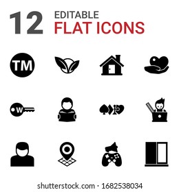 12 simple filled icons set isolated on white background. Icons set with Trademark, vegetarian, house, Keyword, Reading, caring, User, Geo Targeting, In-game Advertising icons.