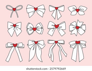 12 simple hand drawn white decorative holiday ribbon bows for gifts, to decorate present. Bow with knot red heart for gift wrapping for birthday, Valentine's day. Isolated Flat Vector element EPS10