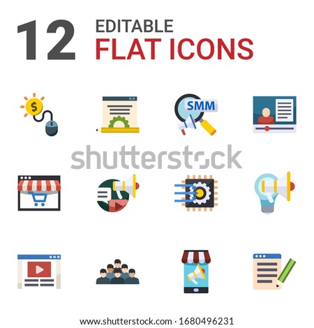 12 social flat icons set isolated on white background. Icons set with Pay per click, Blog management, Social Marketing, Distance Learning, Social campaign, eCommerce marketing icons.