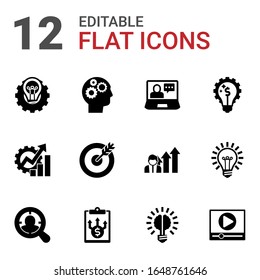12 solution filled icons set isolated on white background. Icons set with Creative process, Cognitive Science, eCommerce solutions, Productivity, goal, Marketing solutions icons.