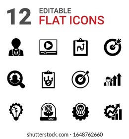 12 solution filled icons set isolated on white background. Icons set with creativity, Video marketing, tactics, Target Audience, Business Planning, goal, Marketing solutions icons.