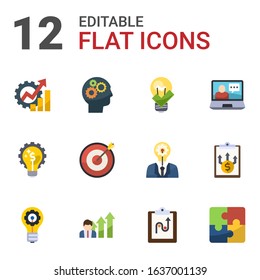 12 solution flat icons set isolated on white background. Icons set with Productivity, Cognitive Science, great solution, Marketing solutions, Target, eCommerce solutions icons.