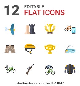 12 sport flat icons set isolated on white background. Icons set with Aeromodeling, Strategy game, champion, shorts, Helmet, Smart bike, elektro bike, Hunting, bike station icons.