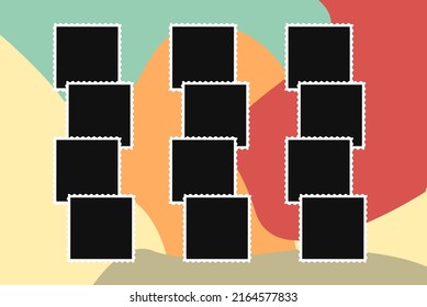 12 square white photo collage template, pastel colors abstract background, photobook template, retro picture and image frame, memory concept