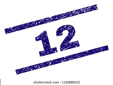 12 stamp seal watermark with scratced style. Blue vector rubber print of 12 title with retro texture. Text title is placed between parallel lines.