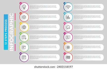 12 pasos de proceso infográfico. Grado paso a paso 12 y 10 paso infografía factible vector colorido 