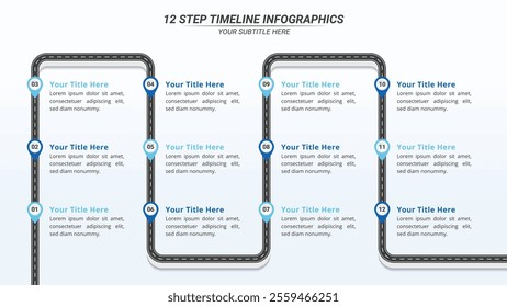 12 Steps Infographic Timeline on a 16:9 Layout for Business Presentation, Poster, Banner and Booklet.	