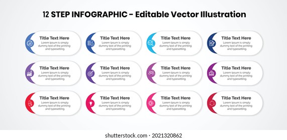 Plantilla de diseño de infografías de 12 pasos: gráfico, gráfico circular, diseño de flujo de trabajo, diagrama de ciclo, folleto, informe, presentación, diseño web. Ilustración del vector editable