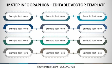 12 Steps Infographics Design Template - Graph, Pie chart, workflow layout, cycling diagram, brochure, report, banner, tag, presentation, web design. Editable Vector illustration