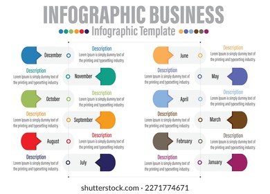 12 Steps modern Timeline diagram calendar with Months rectangle title workflow and circles , presentation vector infographic. Infographic template for business.
