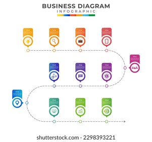 12 Schritte Modernes Zeitdiagramm mit Jährlichen Themen.  Informationsvorlage für Vektorgeschäft und Präsentation.