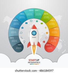 12 Steps Startup Circle Infographic Template With Rocket. Business Concept. Vector Illustration.