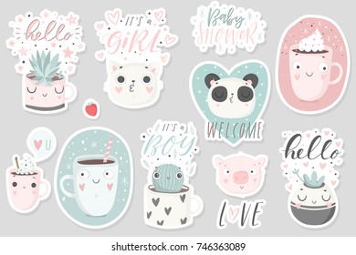 12 stickers with cute animals, cups and plants with hand drawn lettering. Vector pins design