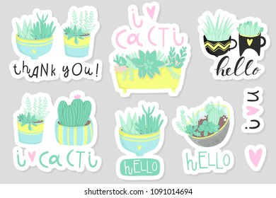 12 stickers with cute succulents and plants in cups and pots with hand drawn lettering. Pretty and bright colors. Vector pins design