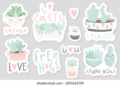 12 stickers with cute succulents and plants in cups and pots with hand drawn lettering. Pretty and soft pastel colors. Vector pins design