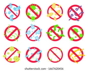 12 stop viruses and bad bacterias or germs prohobition sign. Big viruses or gems in the red stop defence circle flat style design vector illustration isolated on white background.