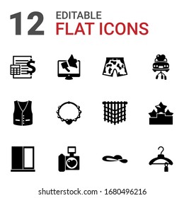 Los iconos rellenos de estilo 12 están aislados en fondo blanco. Iconos con contabilidad, marketing digital, pantalones cortos, chaleco, collar, camión recién casado, ventana, iconos de fotografía de boda.