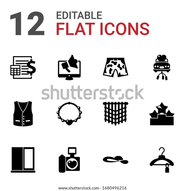 12 style filled\
icons set isolated on white background. Icons set with Accounting,\
Digital marketing, shorts, vest, necklace, just married car,\
window, wedding photography\
icons.