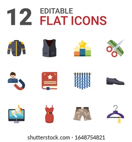 Iconos planos de 12 estilos establecidos aislados en fondo blanco. Iconos con chaqueta, chaleco, Ranking, Compromiso con el Usuario, Scrapbooking, salón de peluquería, marketing digital, iconos de vestimenta.